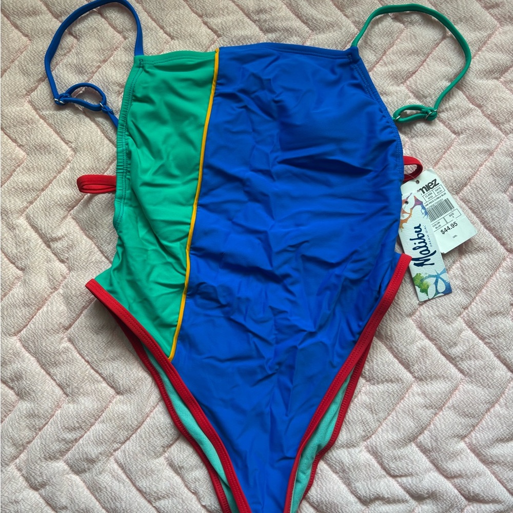 Retro Style Blue and Green High Cut One Piece Swimsuit